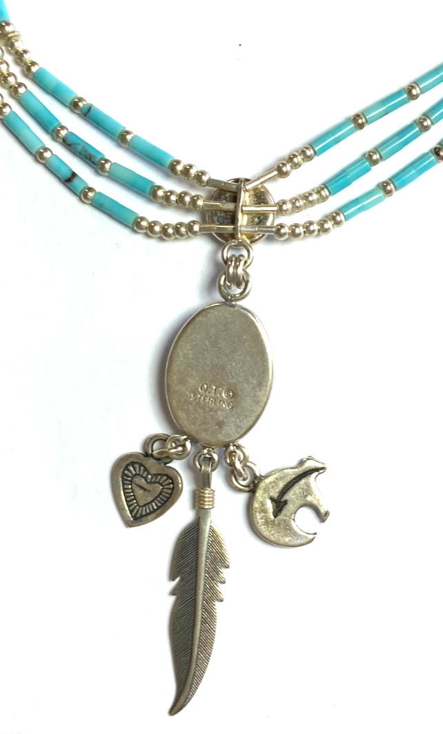 Sterling Silver Quoc Turquoise Bear Heart Feather Pendant & Bead Necklace 23" - Image 4