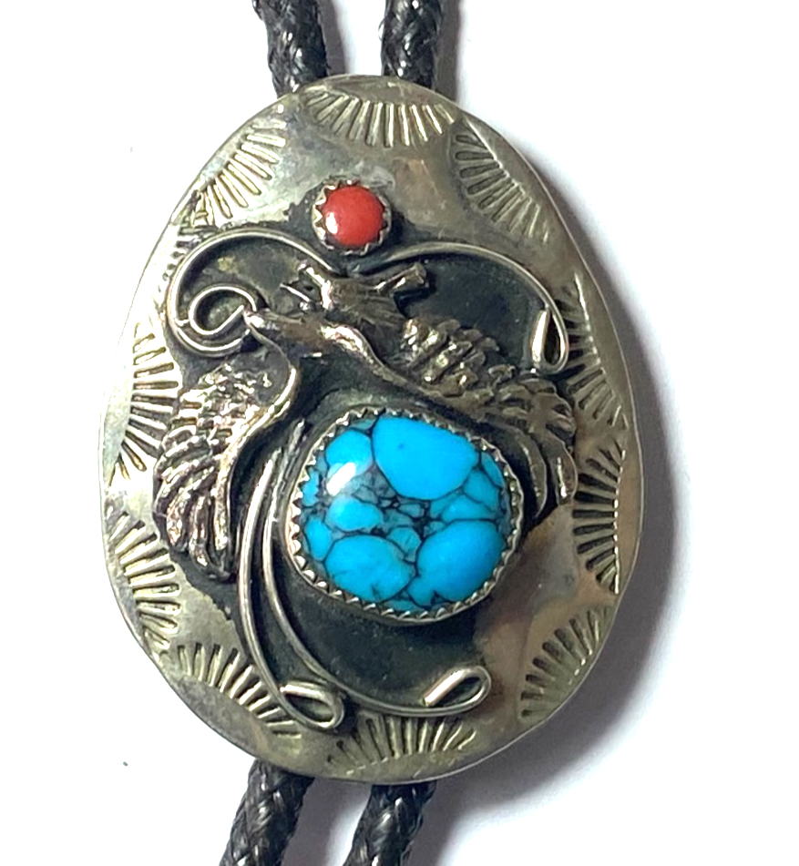 Silver Plated Turquoise Coral 2" x 1-1/2" Eagle Bolo Tie 18" - Image 5
