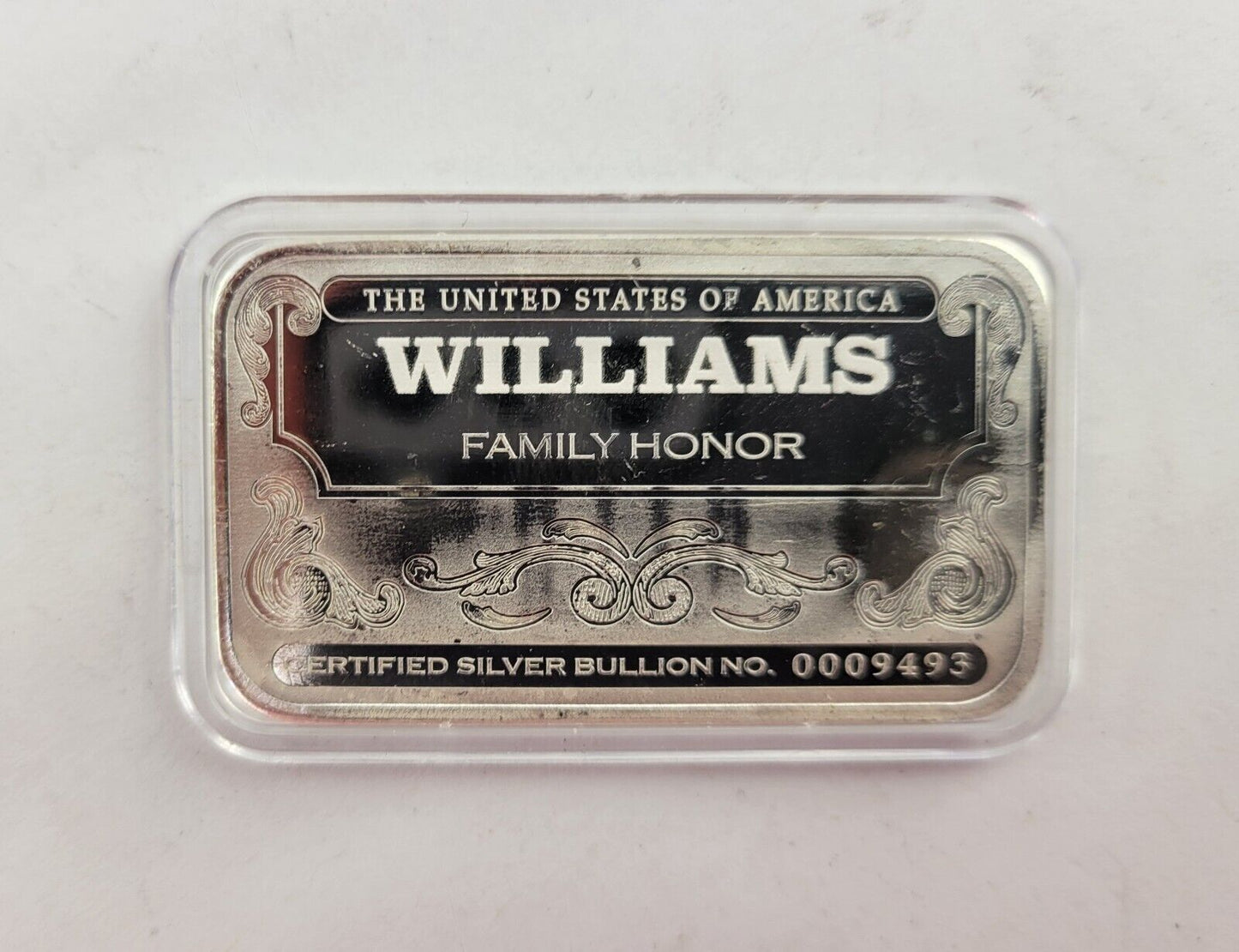 First National Mint & Trust Williams 1/2oz. .999 Fine Silver Bar Family Honor