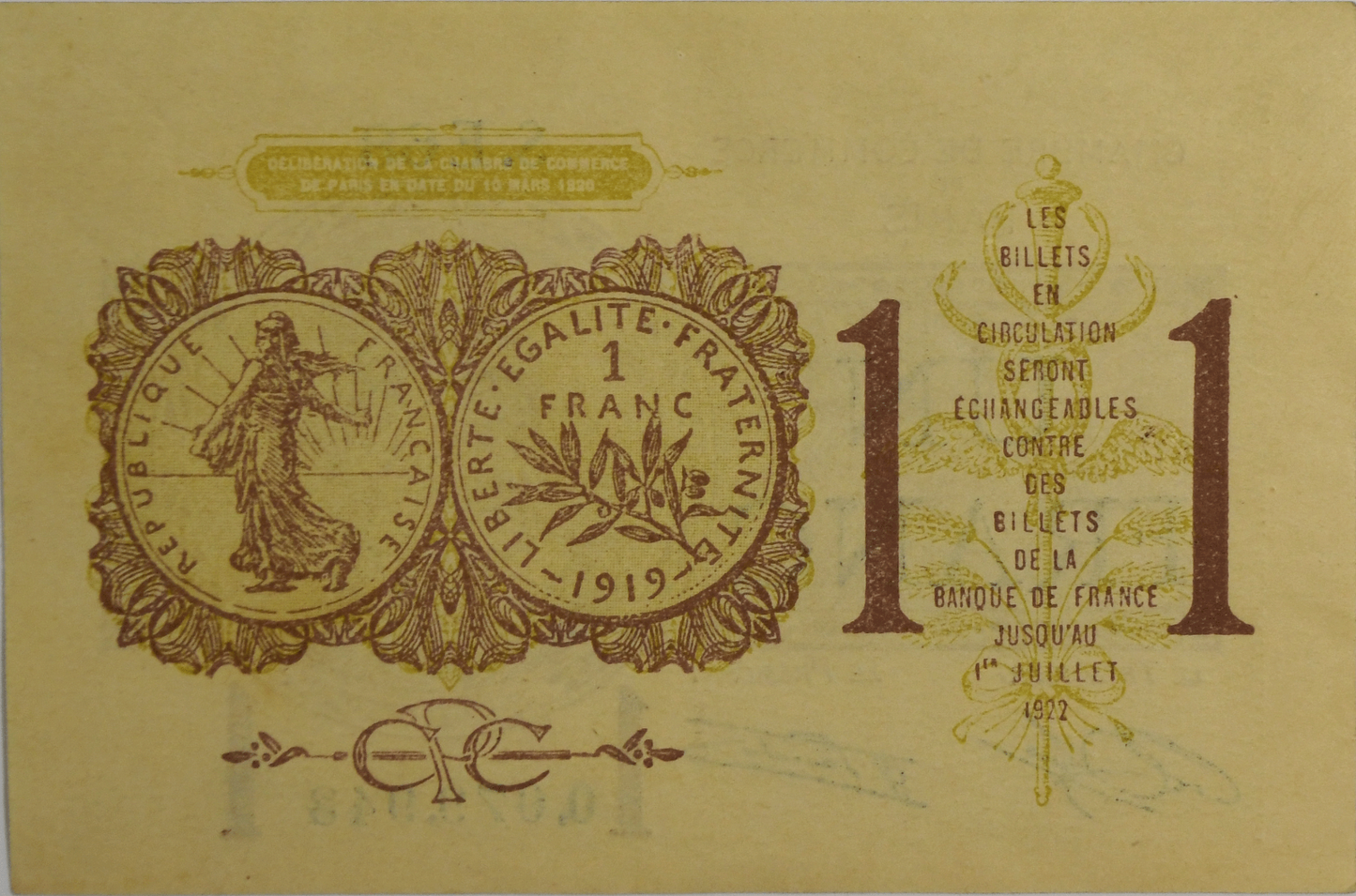 1920 France Chamber of Commerce Paris 1 One Franc Notgeld Uncirculated