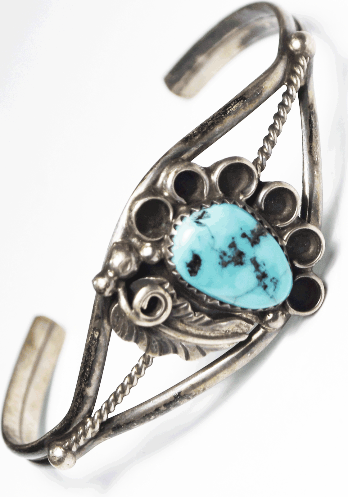 Sterling Silver Floral Turquoise Wire Split Cuff Bracelet 24mm 6-1/2" Wrist