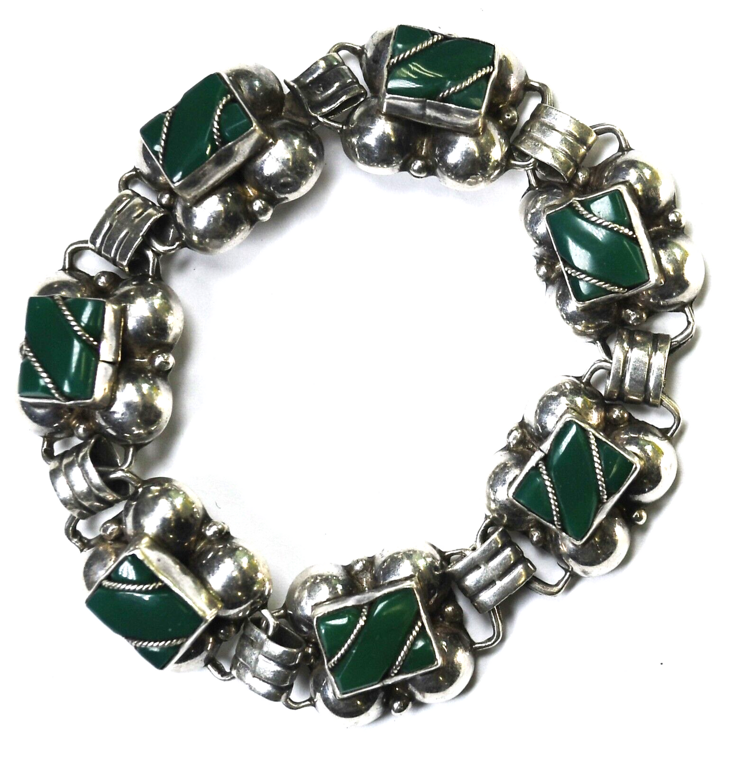 Sterling Silver Green Mexican Jade Inlay Bracelet 16mm 7.25"