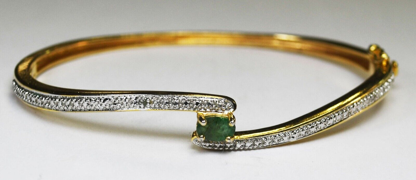 Sterling Gold Tone Hinged Emerald Diamond Oval Bangle Bracelet 9mm 6-3/4" Wrist