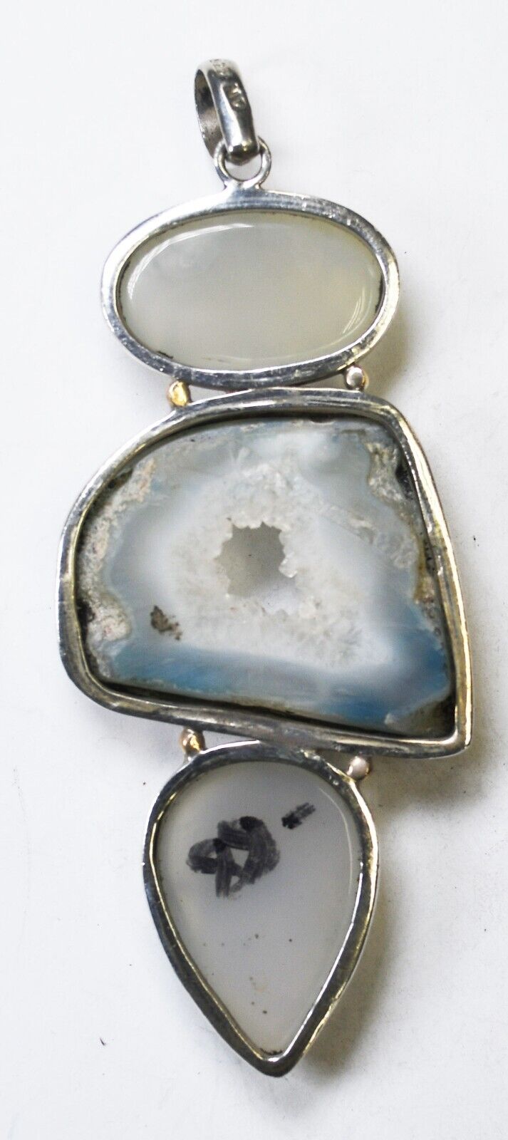 Sterling Silver Large Drusy Quartz Etched Stones Pendant 4" x 43mm