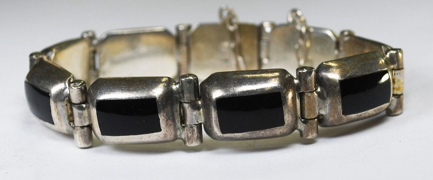 Sterling Silver Rectangle Onyx Bracelet 12mm 7-1/2"