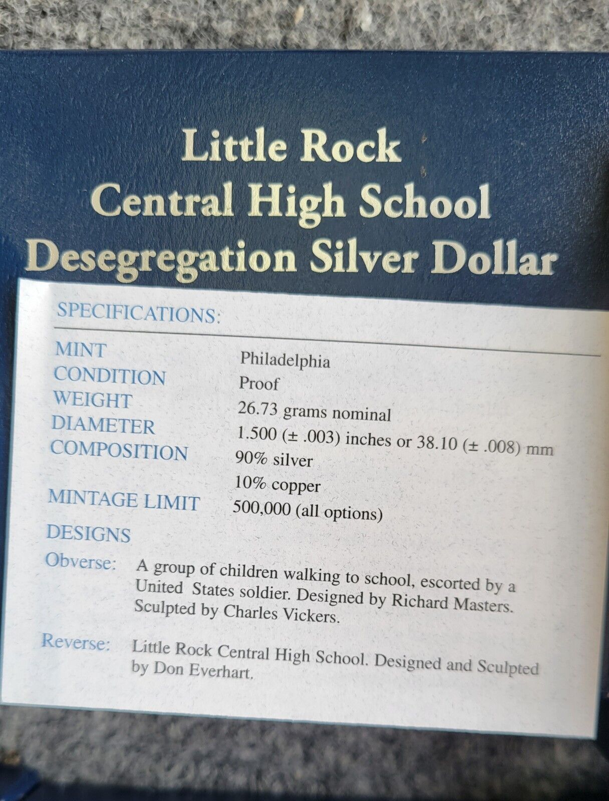 US Mint 2010, 07, 19 Commemorative Silver $1 Little Rock, Legion, Apollo, Vets