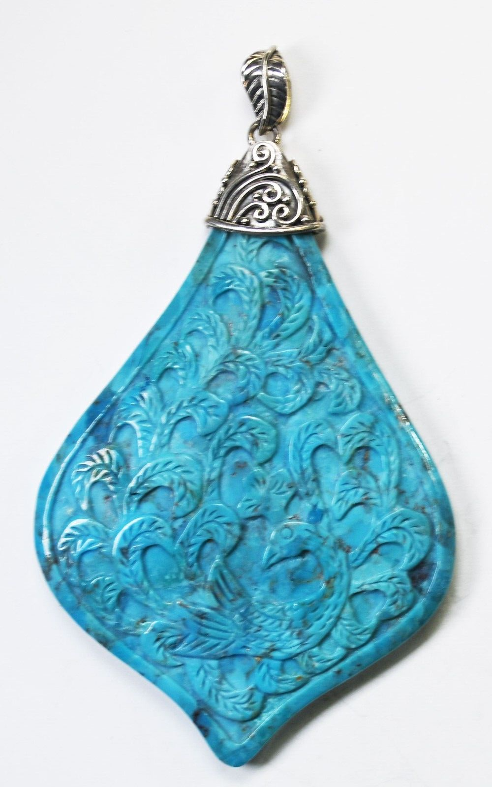 Sterling Silver Sajen Compressed Turquoise Peacock Large Pendant 3-3/4" x 55mm