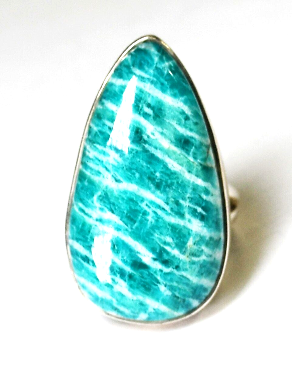 Sterling Silver Teardrop Amazonite Green Blue Ring 31mm Size 7
