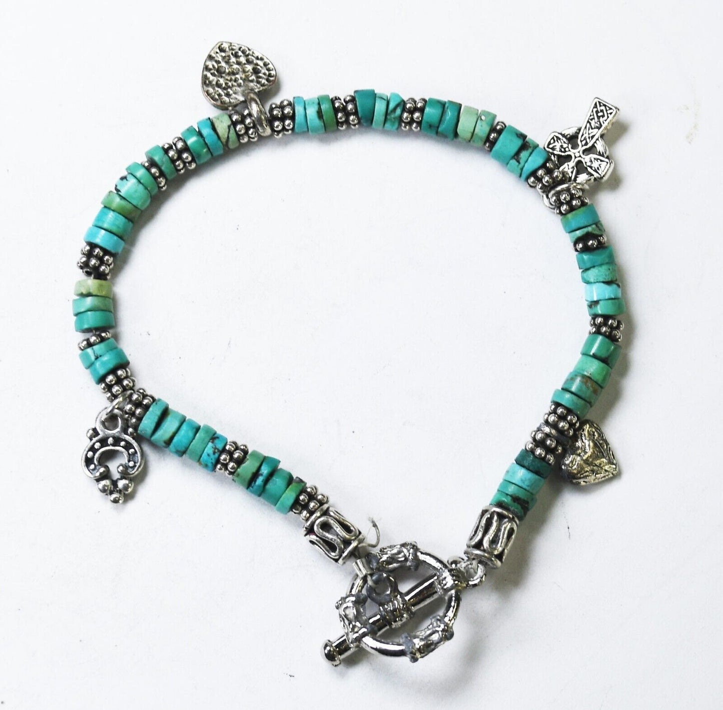 Silver Plated 4mm Turquoise Disc Cross Heart Charm Toggle Bracelet 7"