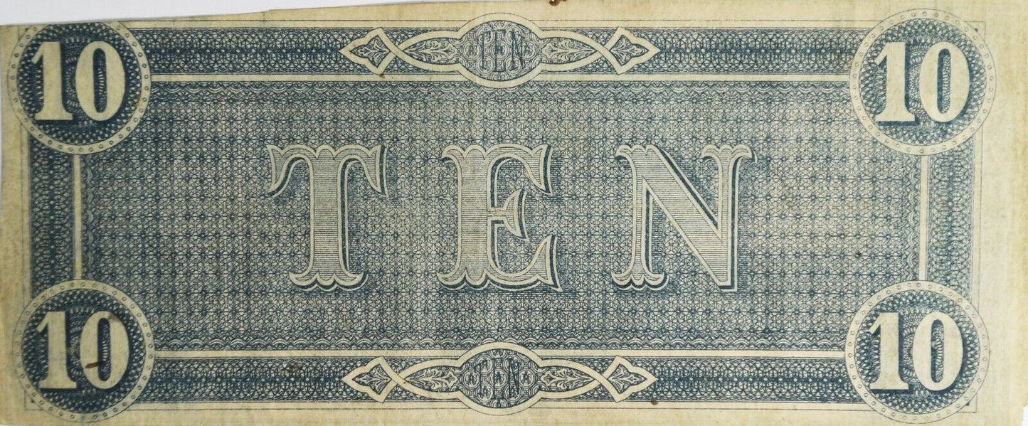 1864 $10 Confederate Note Currency Ten Dollars CS-68  1796