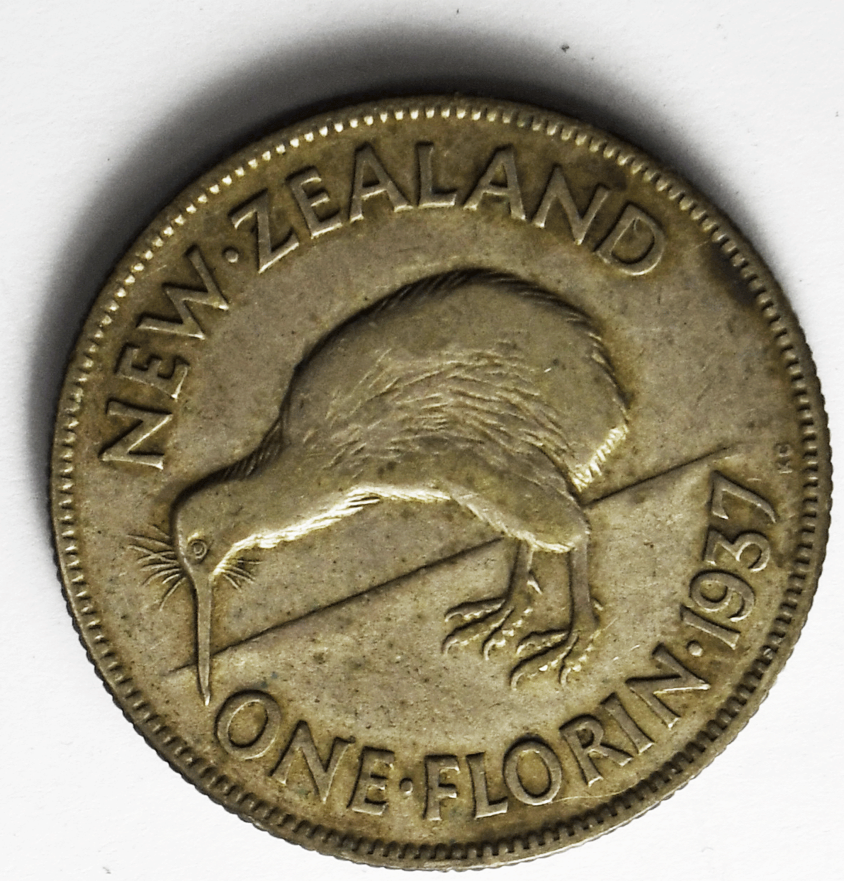 1937 New Zealand One Florin Silver Coin KM# 10.1 Kiwi Bird