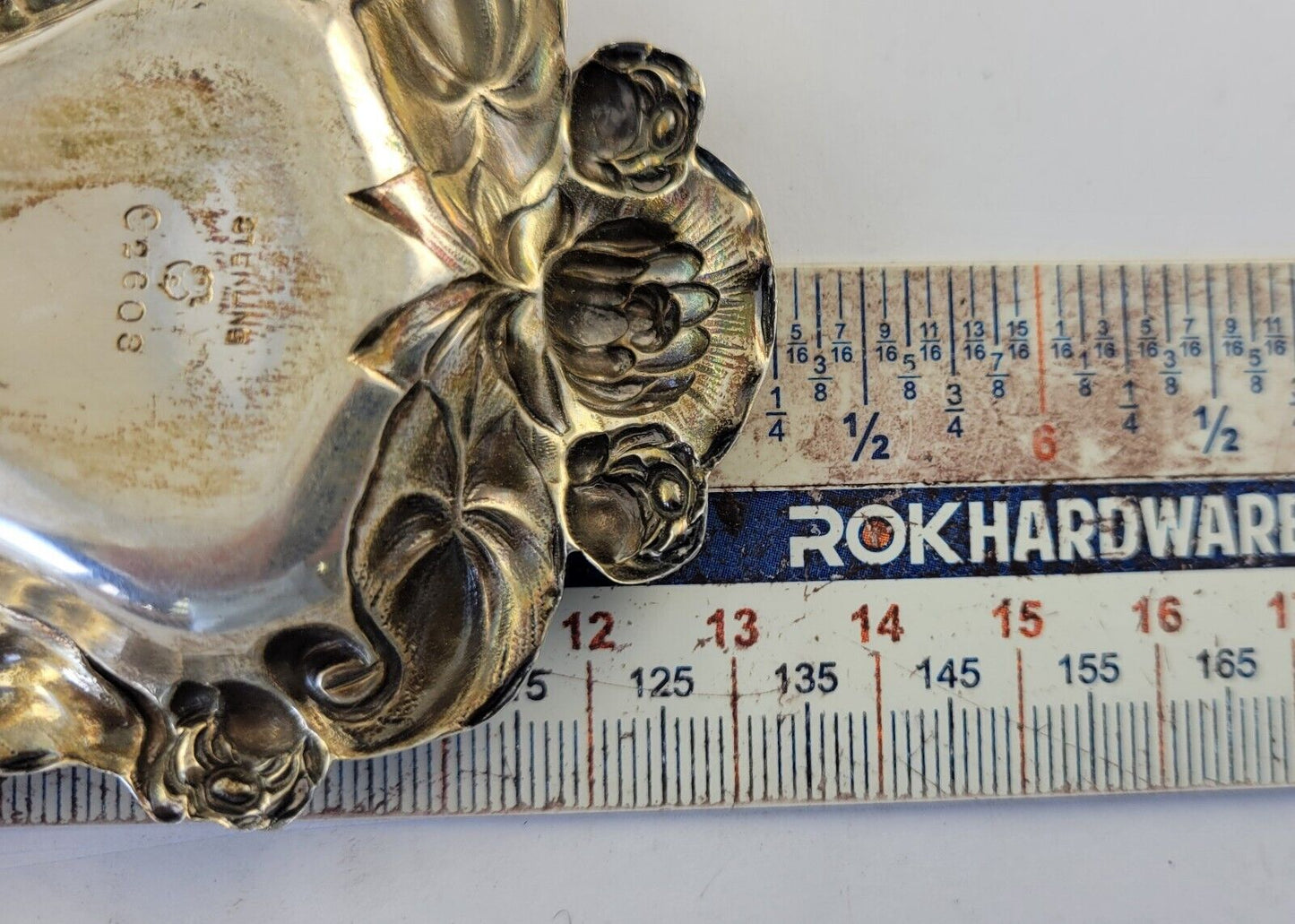 International Sterling Silver 5 1/4" Repousse Floral Cigarette Ashtray 1.1oz.