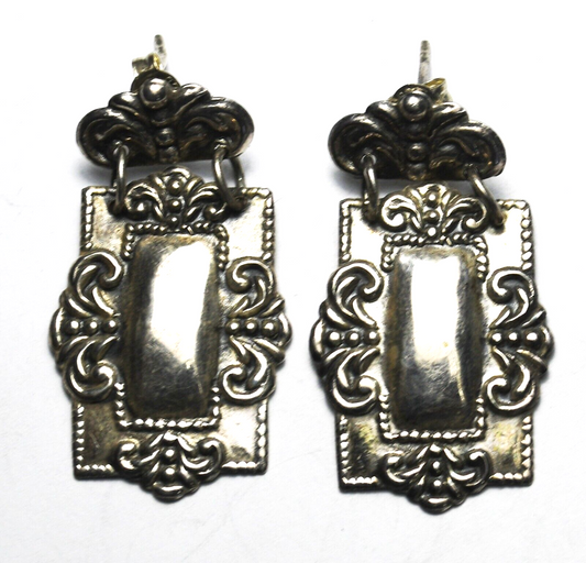 Sterling Silver Luggage Bottle Tag Scroll Rectangle Earrings 39mm x 21mm