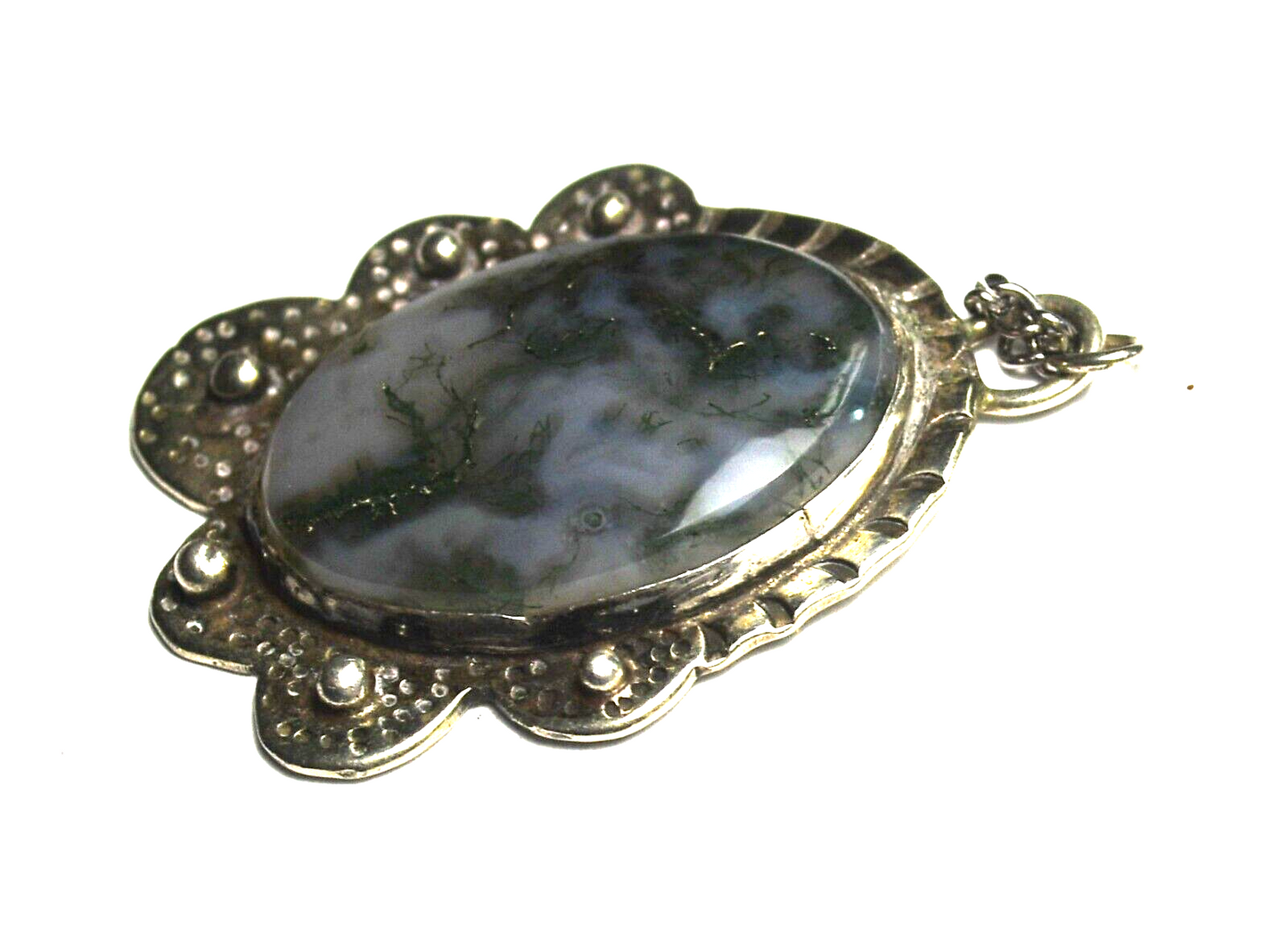 Sterling Silver Oval Moss Agate Pendant 37mm x 28mm