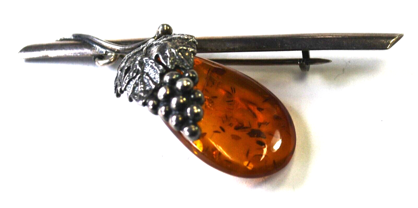 Sterling Silver Grape Vine Amber Brooch Pin 56mm x 22mm