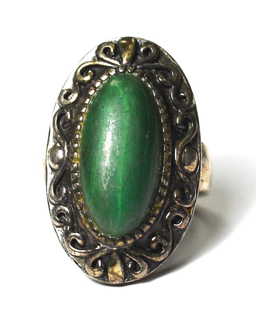 Sterling Silver Oval Malachite Filigree Ring 31mm Size 7