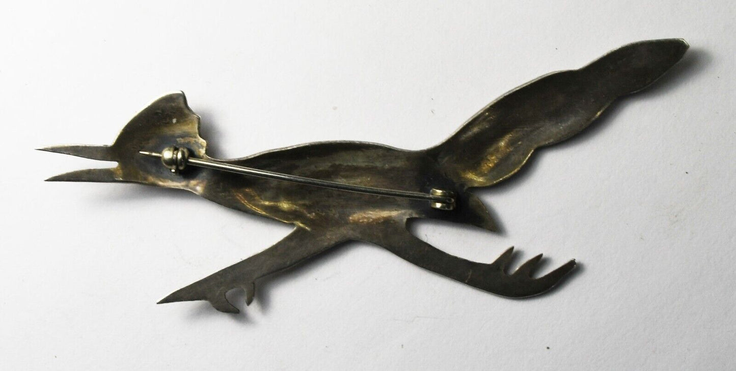 Sterling Silver Roadrunner Turquoise Eye Brooch Pin 78mm x 28mm
