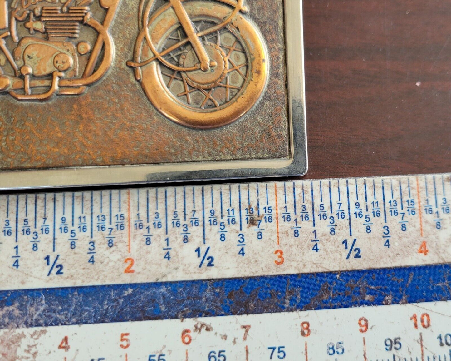 Vintage Motorcycle Belt Buckle Copper Inserted In Stainless Steel 3 1/4"x 2 1/4"