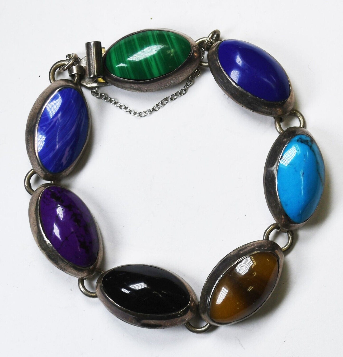 Sterling Silver Oval Multi Stone Lapis Malachite Turquoise Bracelet 14mm 7.5"