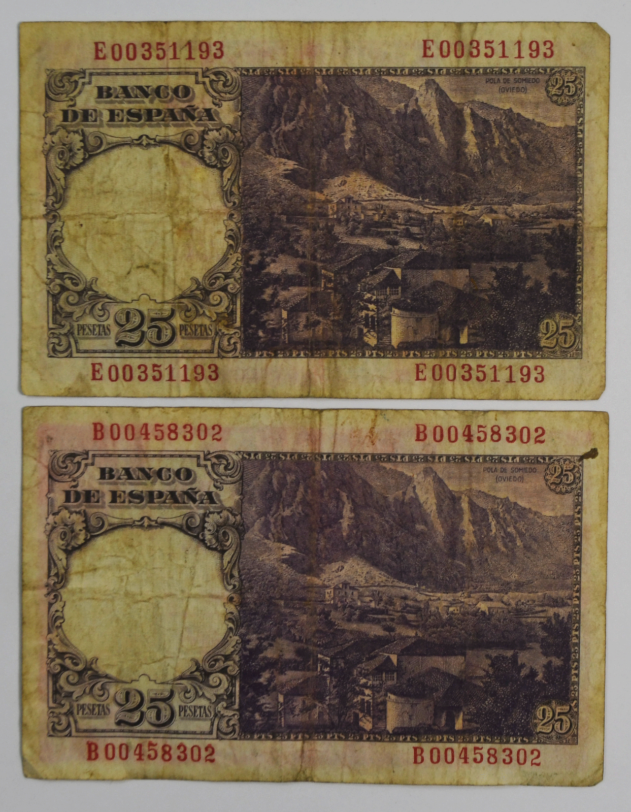 2- 1948 Spain 25 Twenty Five Pesetas Banknotes