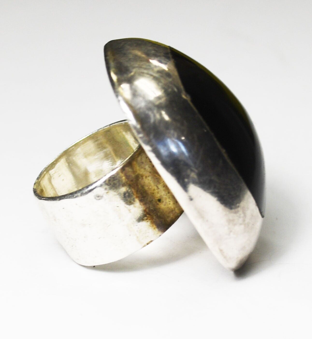 Sterling Large Rectangle Black Onyx Ring 37mm Size 9 Hammered 13mm Band 36g