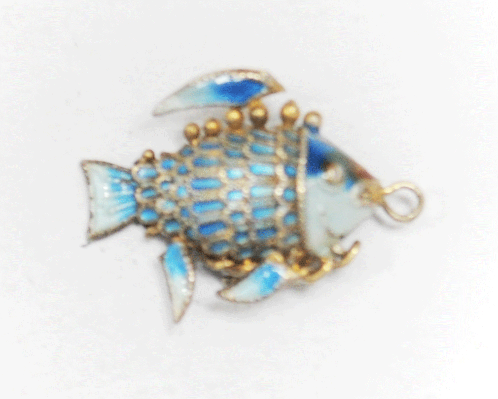 Vintage Chinese Gold Tone Blue Enamel Moving Part Fish Charm Pendant 23mm x 15mm