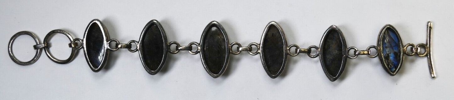 Sterling Silver Ellipse Labradorite Toggle Hammered Bracelet 24mm 7-3/4"