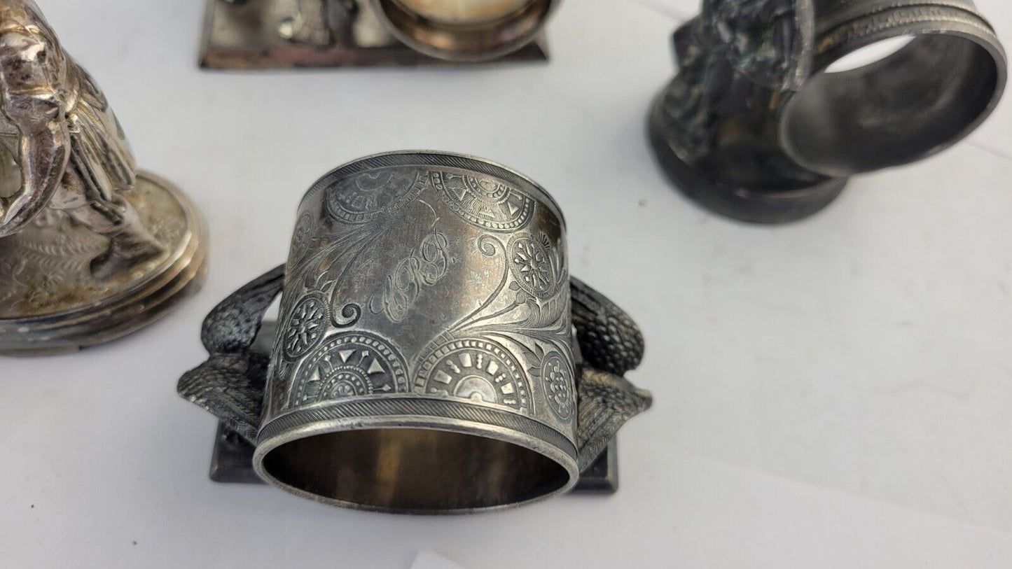 4 Victorian Figural Silver Plate Napkin Ring Holders Eagle. Boy Dog, Girl Child