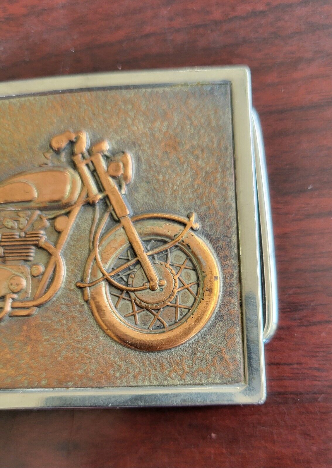 Vintage Motorcycle Belt Buckle Copper Inserted In Stainless Steel 3 1/4"x 2 1/4"