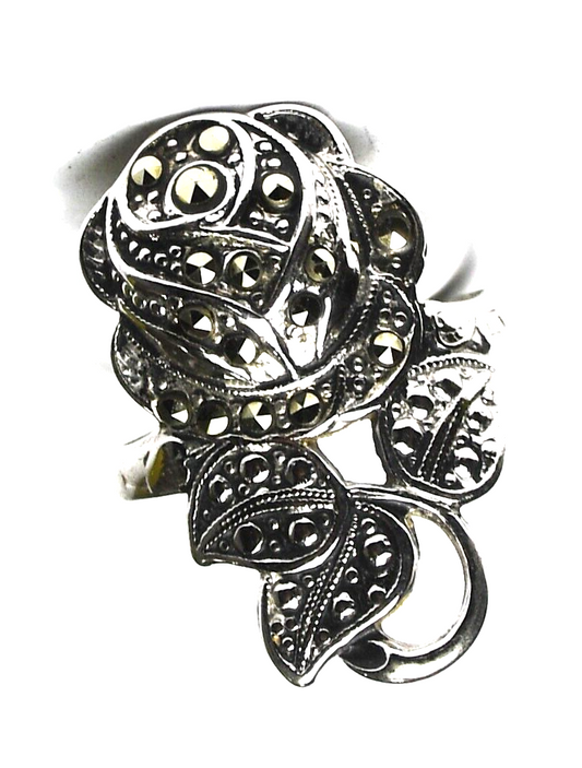 Sterling Silver Marcasite Flower Rose Ring 27mm Size 8