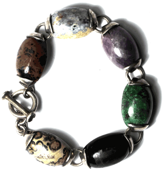 Sterling Silver Mexico Multi Stone Onyx Jasper Amethyst 16mm Toggle Bracelet 8"