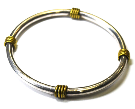Sterling Silver Mexico 4mm Bar Bangle Brass Twists 2 Tone Medium Bracelet