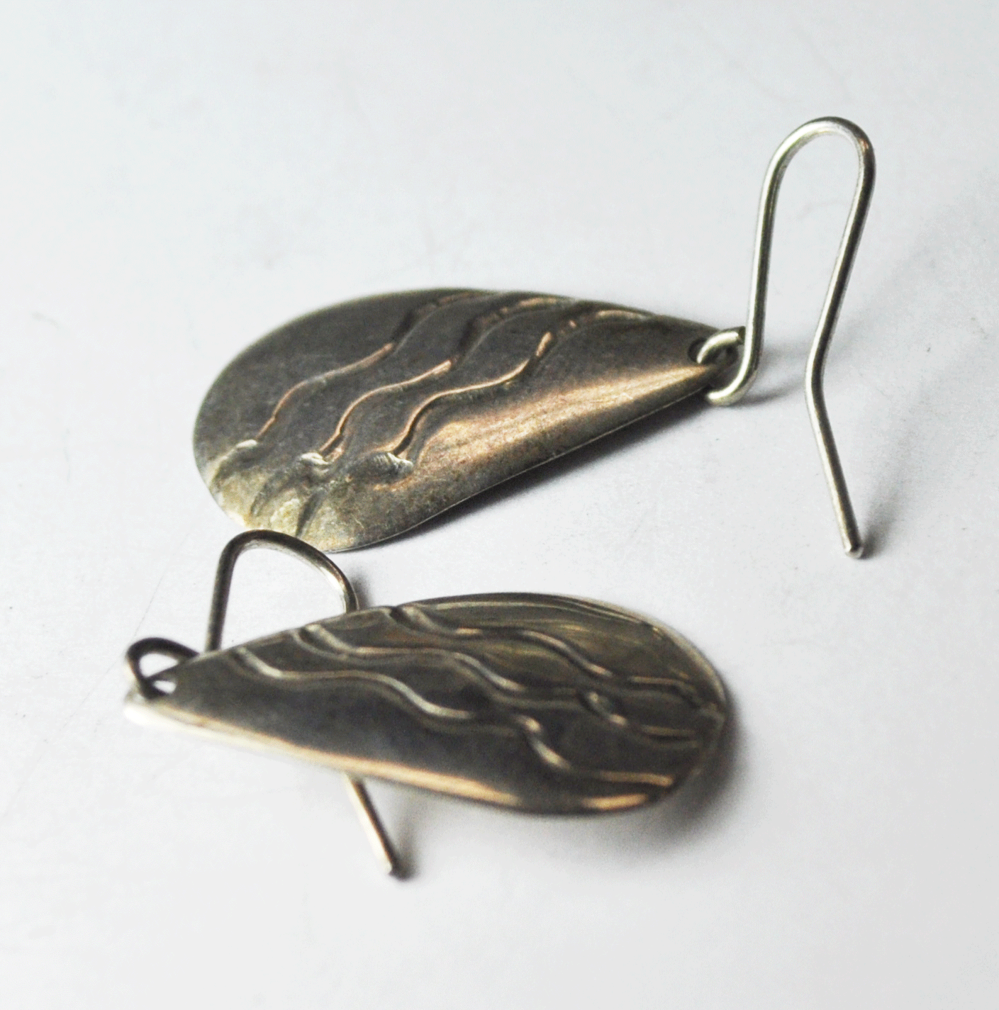 Sterling Silver Teardrop Wave Stripe Earrings Hook Dangle 1-3/8" x 19mm