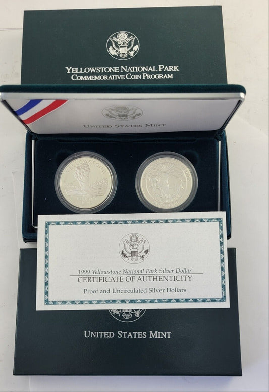 1999-P Yellowstone National Park Silver Commemorative Program 2 Coin Set Boxed