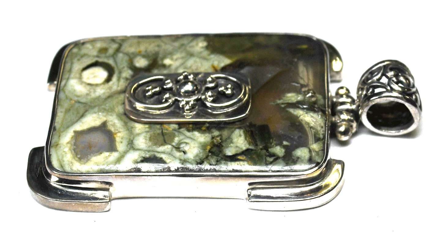 Sterling Silver Rectangle Ocean Jasper Pendant 57mm x 35mm
