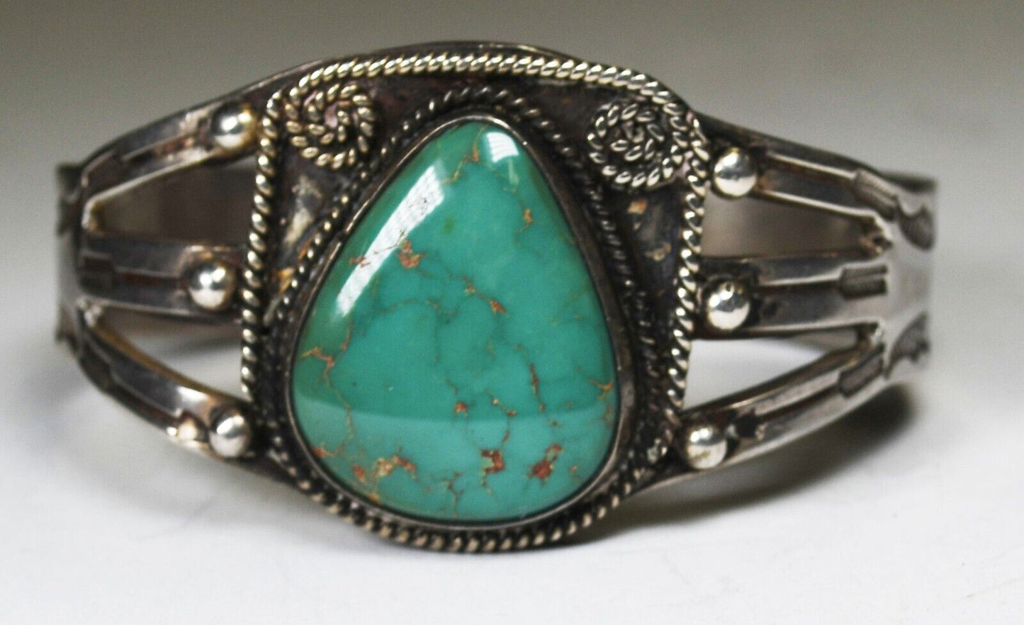 Sterling Vintage 6 Arrows Teardrop Turquoise Cuff Bracelet 30mm 6.5" Wrist