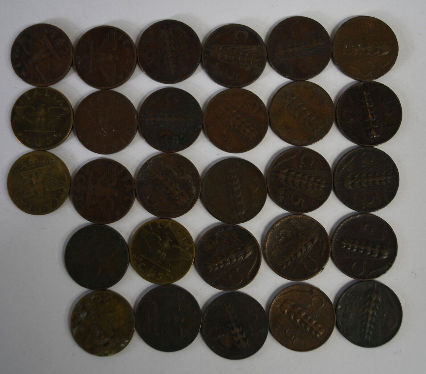 28pc Italy 5 Centesimi Copper Coins Lot 1920-1942