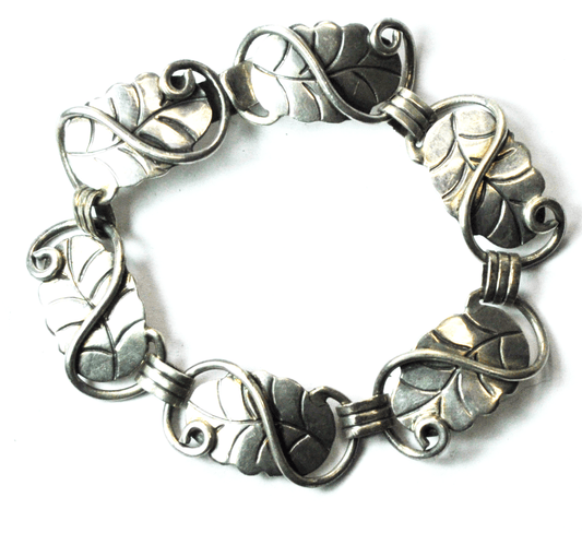 Sterling Silver Mexico Quinto Leaf Floral Link Hook Bracelet 7" 14mm 22.6g
