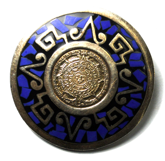 Sterling Silver Mayan Aztec Lapis Mosaic Inlay Brooch Pin 39mm