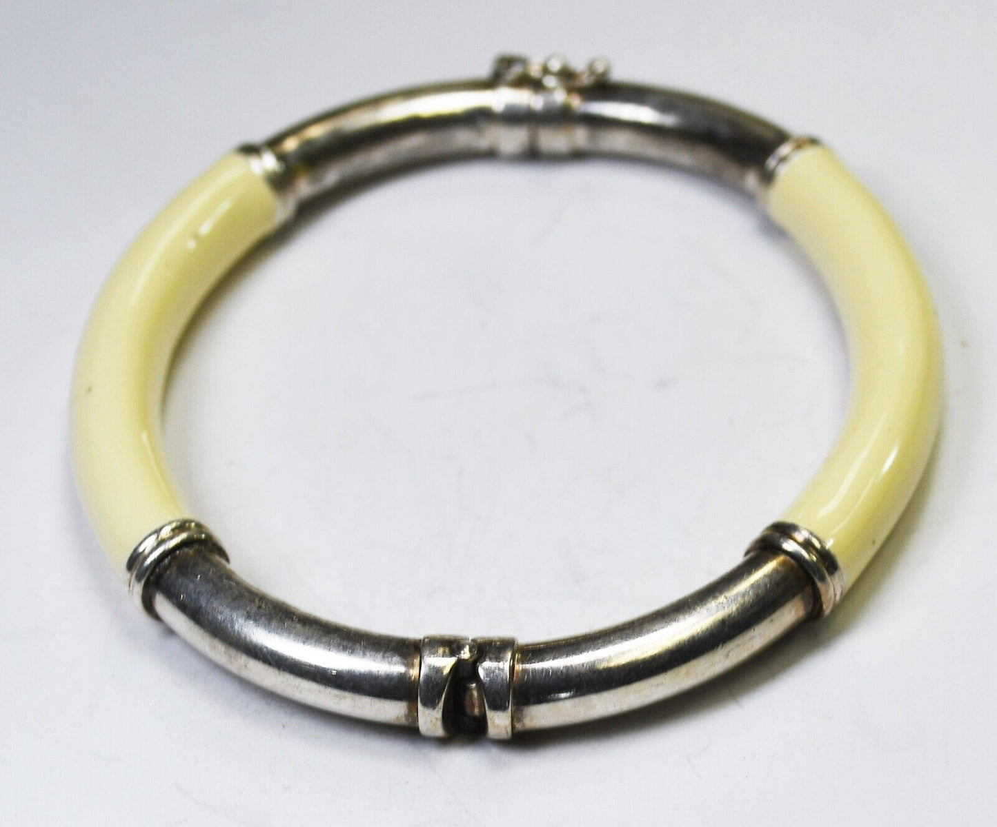 Sterling Silver Milor Ivory Enamel Hinged Bangle Bracelet 7mm 6-3/4" Wrist