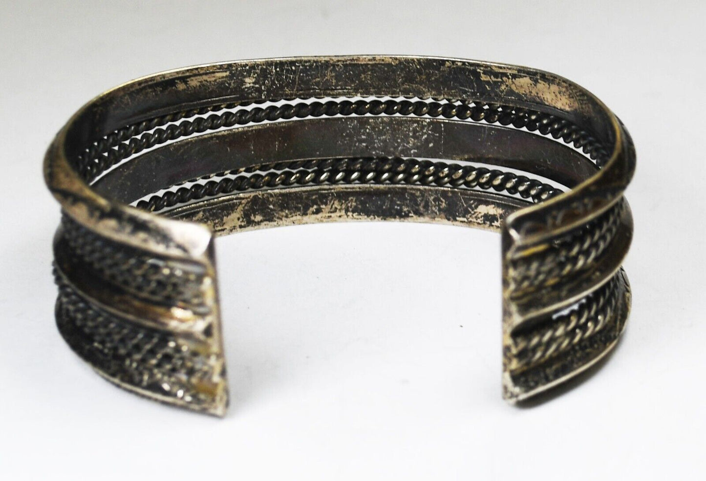 Sterling Vintage Tahe Signed 7 Part Etched Rays Cuff 22mm Bracelet 6.5" Wrist