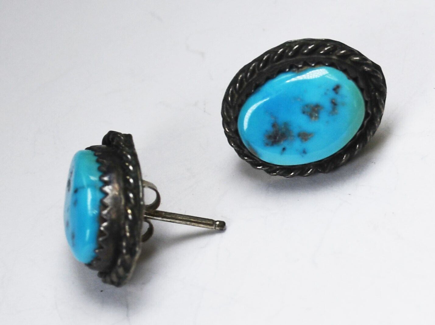 Sterling Silver Fred Baca Turquoise Oval Stud Earrings 15mm x 12mm