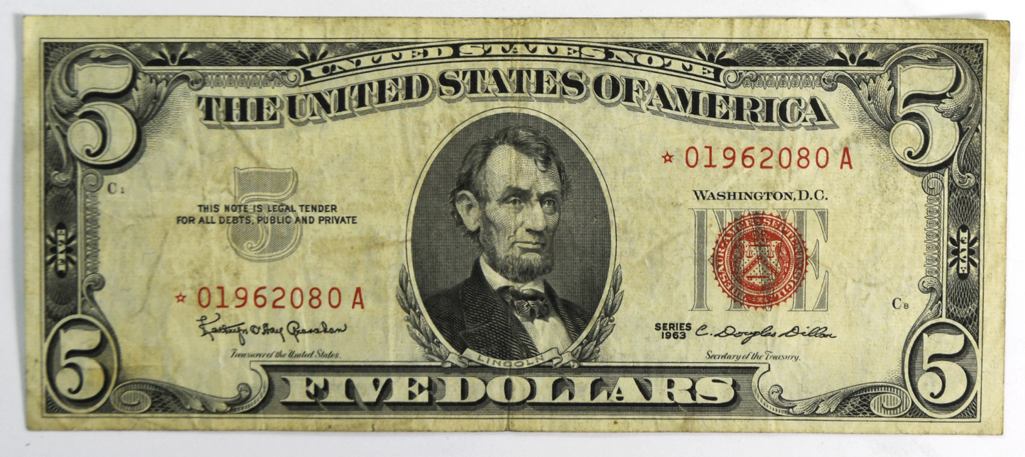 1963 $5 Five Dollars United States Legal Tender Note Red Seal Notes *01962080A