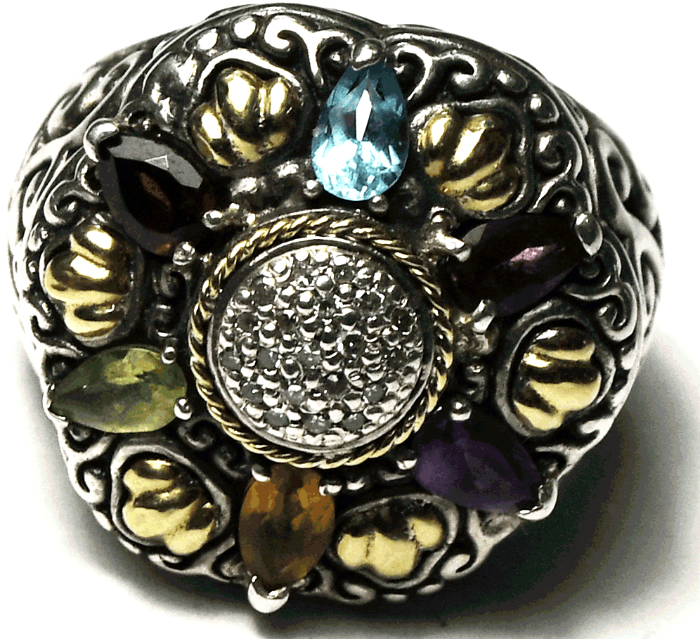 Sterling Silver Samuel Benham 925 18k Multi Stone Ring 19mm Size 7-1/2