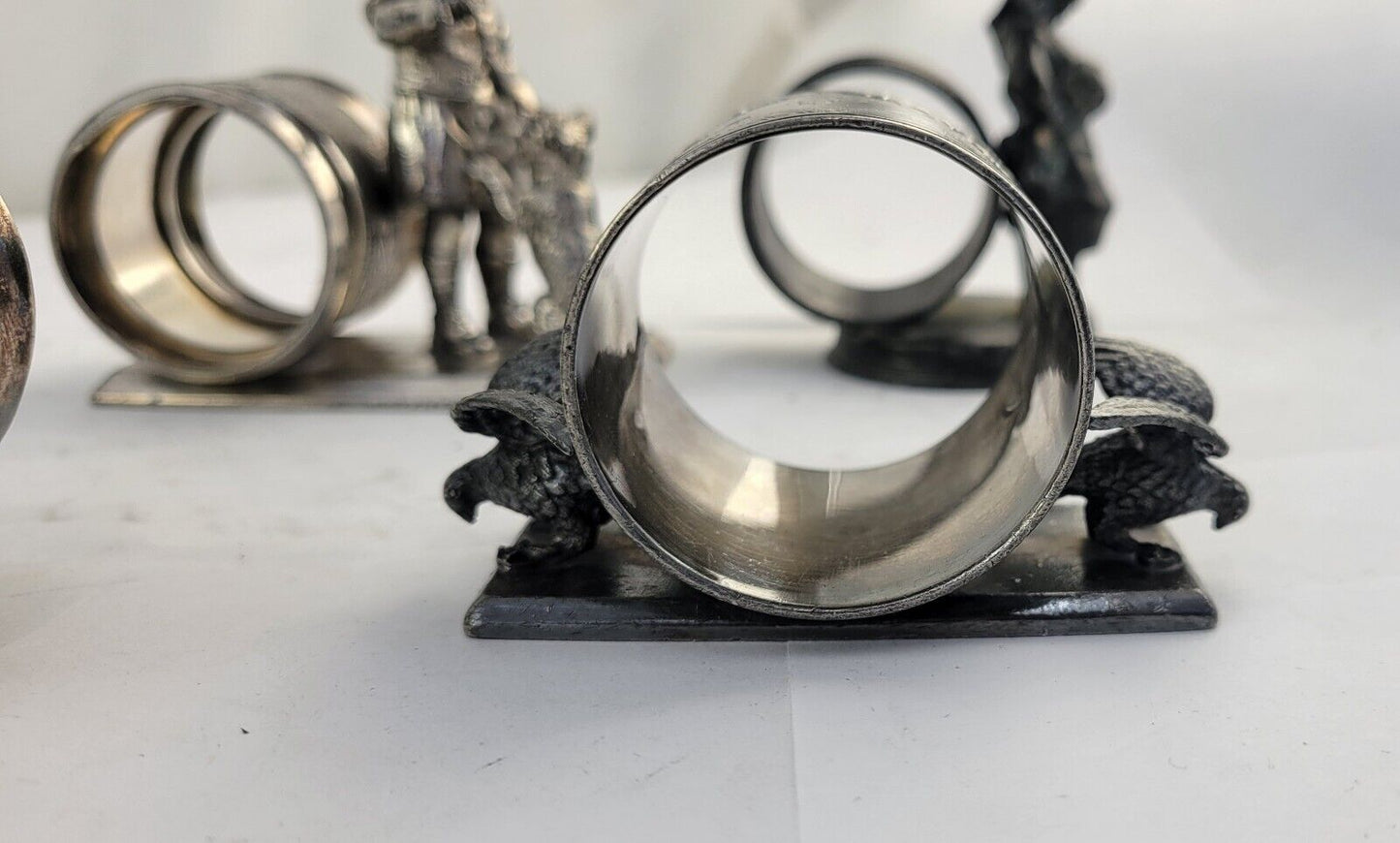4 Victorian Figural Silver Plate Napkin Ring Holders Eagle. Boy Dog, Girl Child