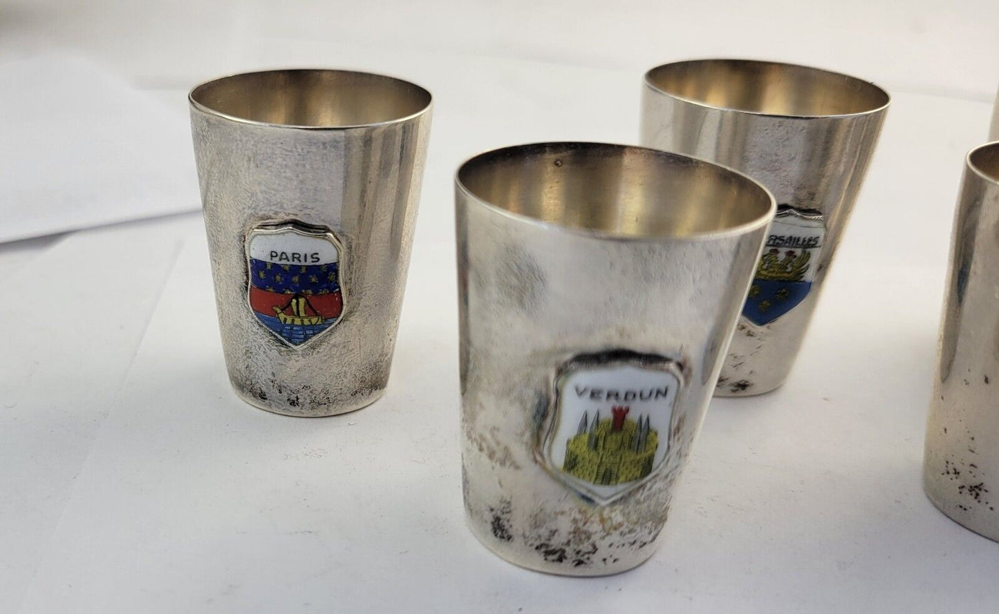 6pc. Sterling Souvenir Shot Glasses 2.4oz. Paris, Orleans, Versailles 1 3/8"