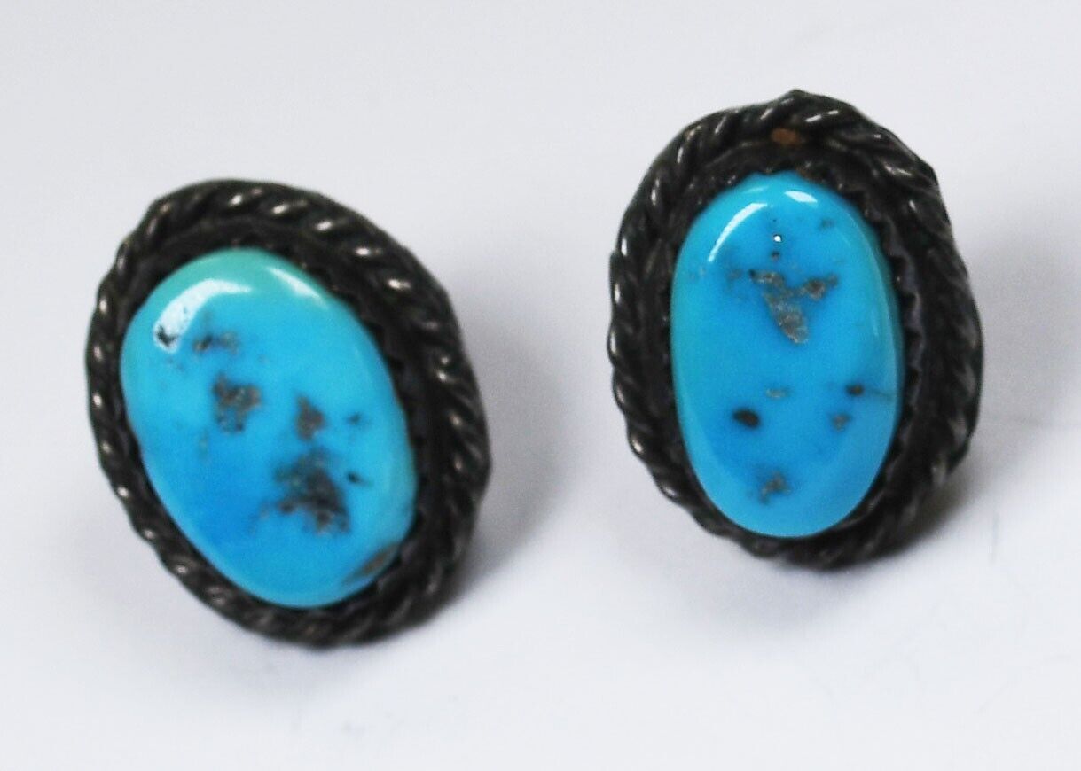 Sterling Silver Fred Baca Turquoise Oval Stud Earrings 15mm x 12mm