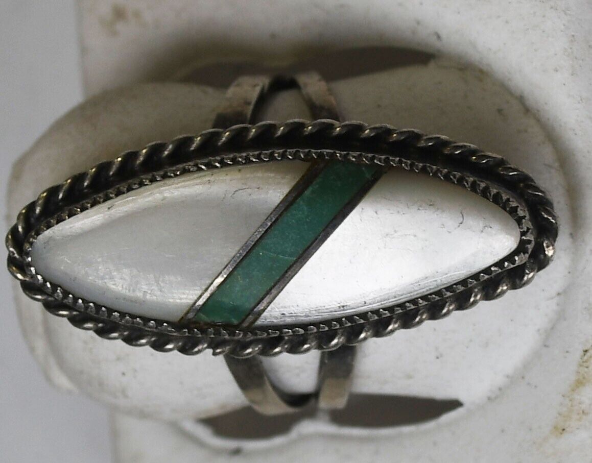 Sterling Silver Oval MOP Inlay Stripe Ring 28mm Size 5