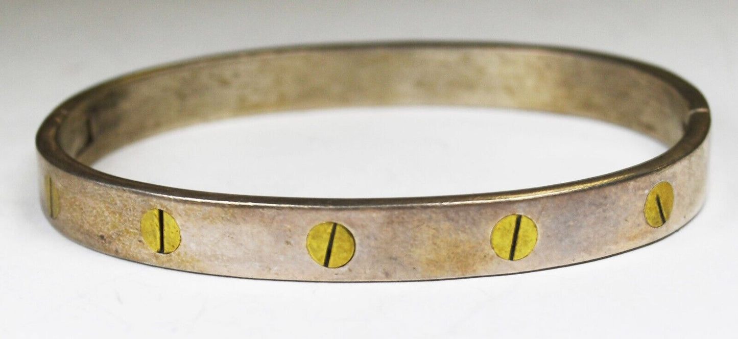 Sterling Silver Mexico Hinged Oval Brass Screw Two Tone Bracelet 12mm 7" Wrist