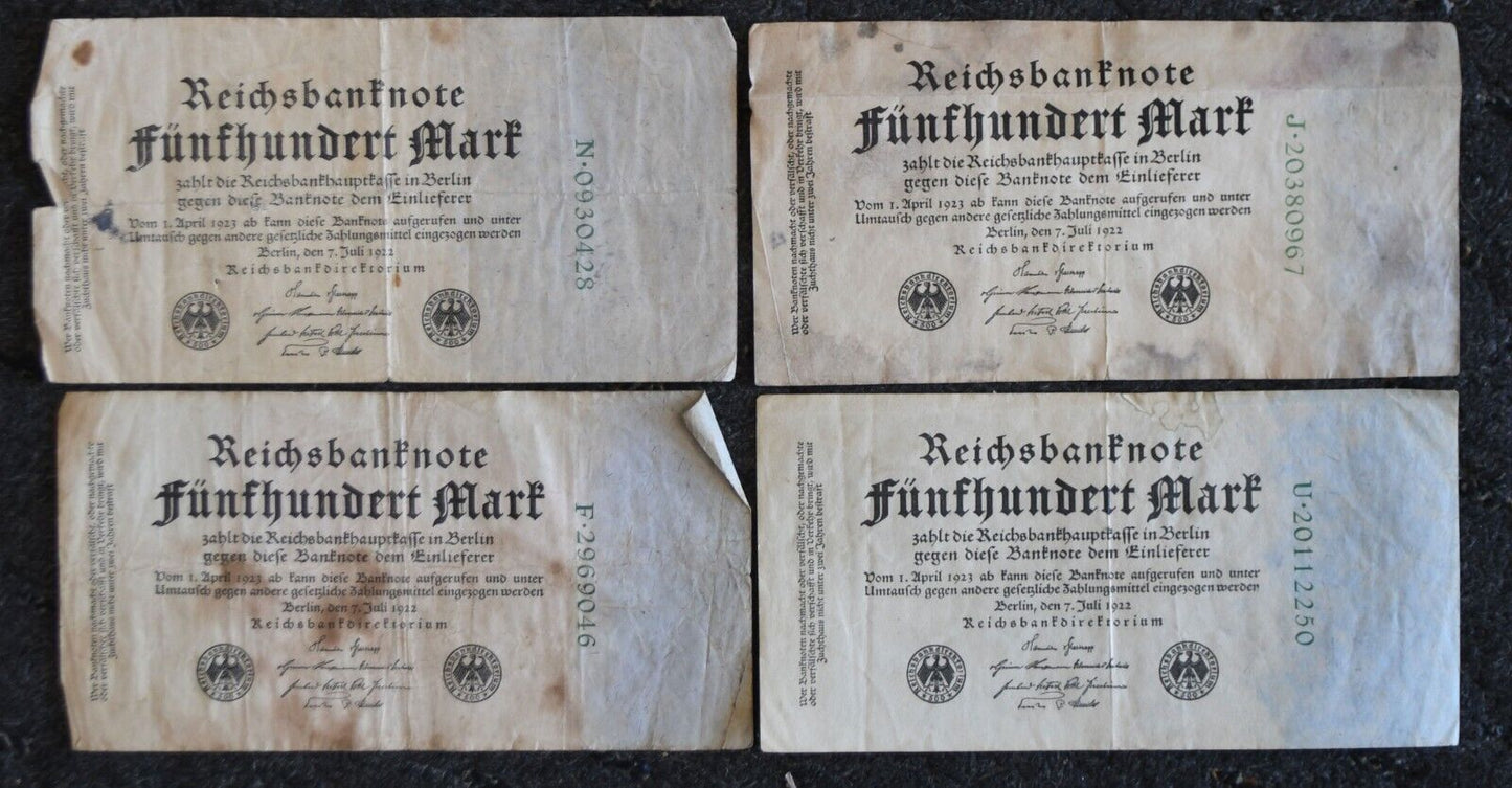 4- 1922 Germany 500 Five Hundred Mark Banknotes 2nd Issue